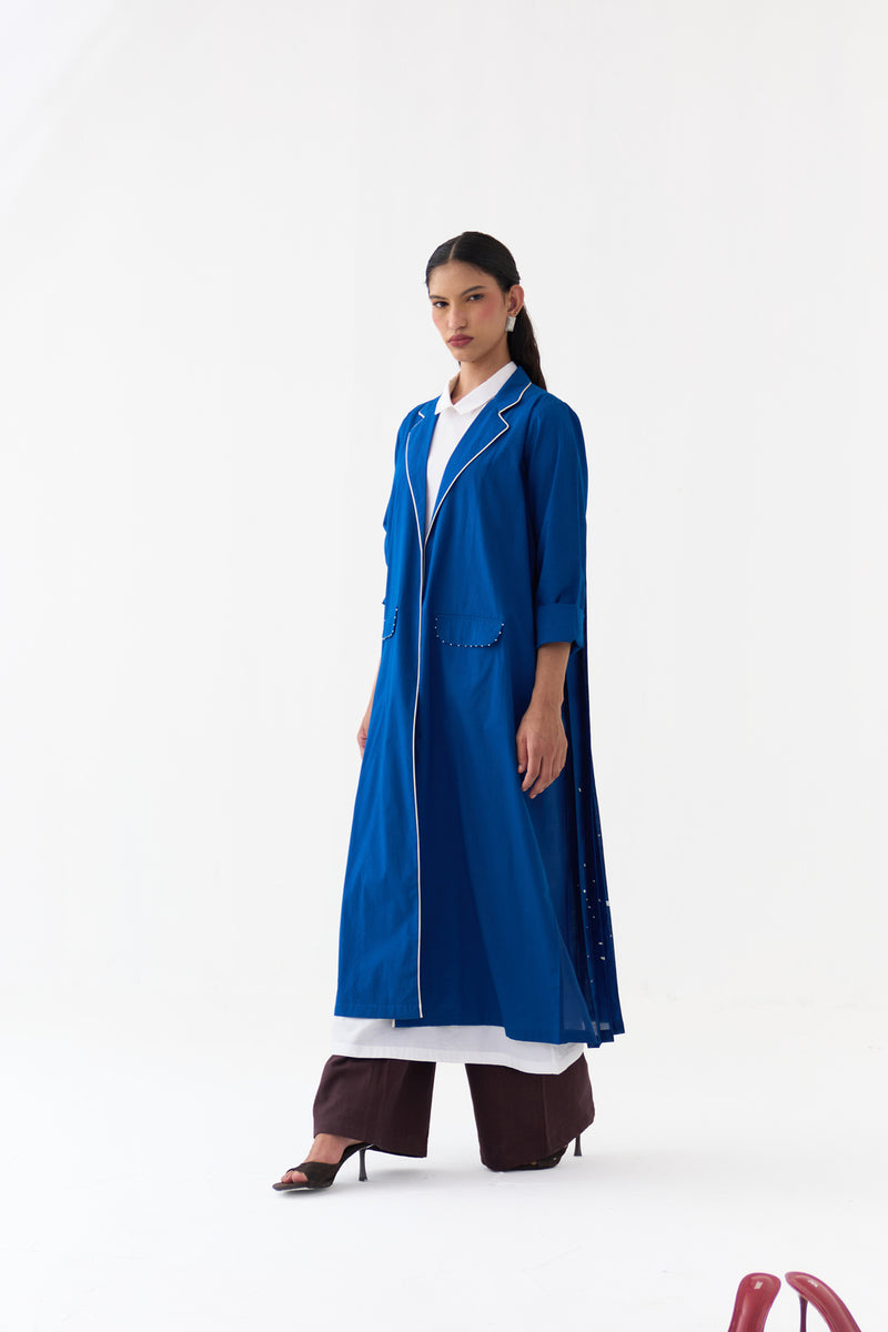 Splash Print Back Pleat Jacket-Cobalt Blue poplin, chanderi jacket/overlay by THREE in blue for women Worldwide