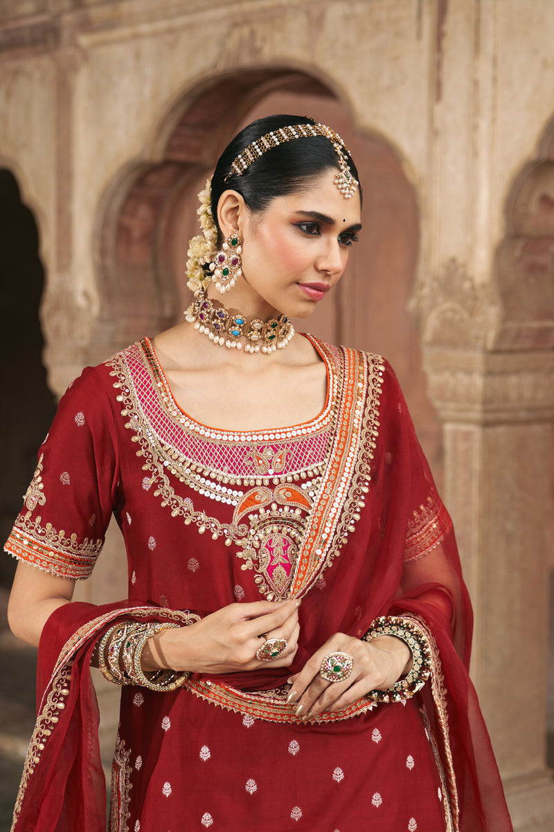 SAMREEN - DEEP RED SHORT KURTA WITH SHARARA AND DUPATTA silk chanderi kurta/kurta set by SHEETAL BATRA in red for women Worldwide