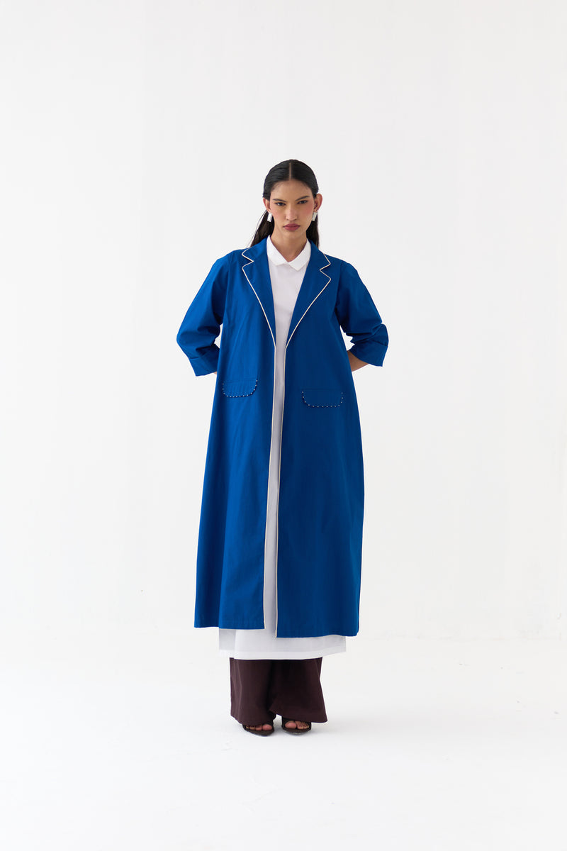 Splash Print Back Pleat Jacket-Cobalt Blue poplin, chanderi jacket/overlay by THREE in blue for women Worldwide