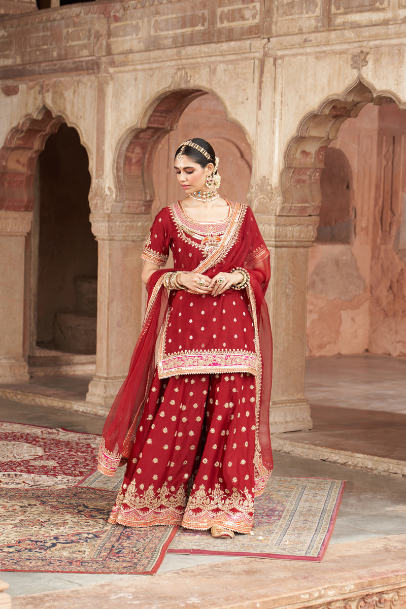 SAMREEN - DEEP RED SHORT KURTA WITH SHARARA AND DUPATTA silk chanderi kurta/kurta set by SHEETAL BATRA in red for women Worldwide