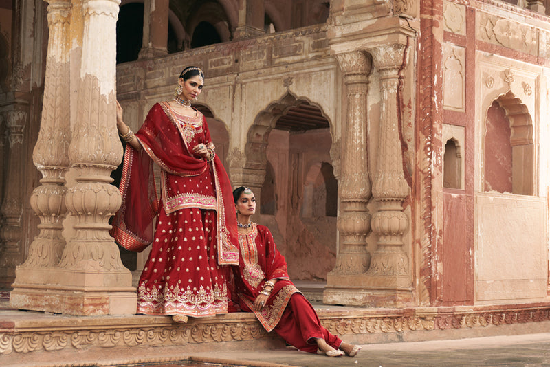 SAMREEN - DEEP RED SHORT KURTA WITH SHARARA AND DUPATTA silk chanderi kurta/kurta set by SHEETAL BATRA in red for women Worldwide