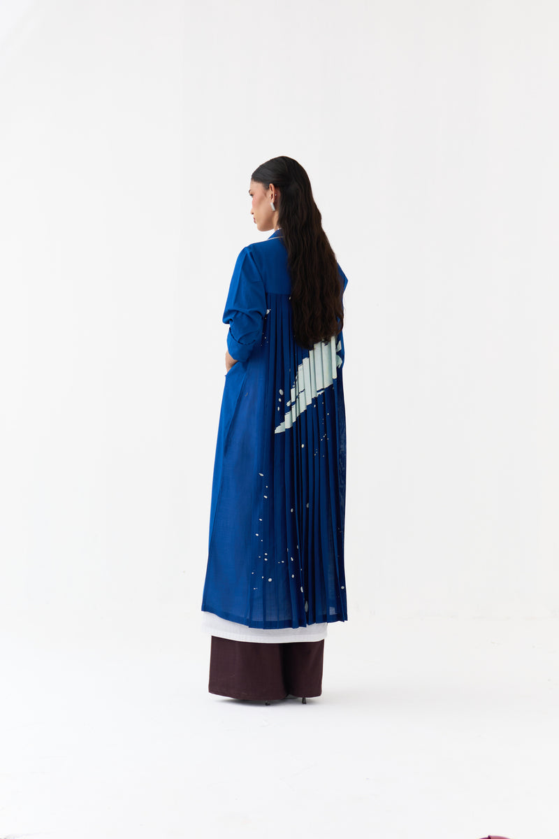 Splash Print Back Pleat Jacket-Cobalt Blue poplin, chanderi jacket/overlay by THREE in blue for women Worldwide