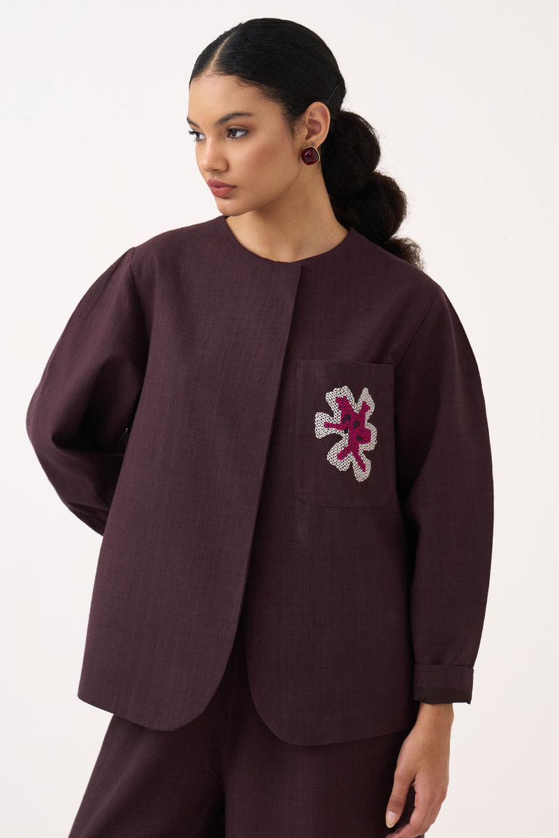 Embroidered Contour Overlay-Dark Brown handwoven cotton jacket/overlay by THREE in brown for women Worldwide