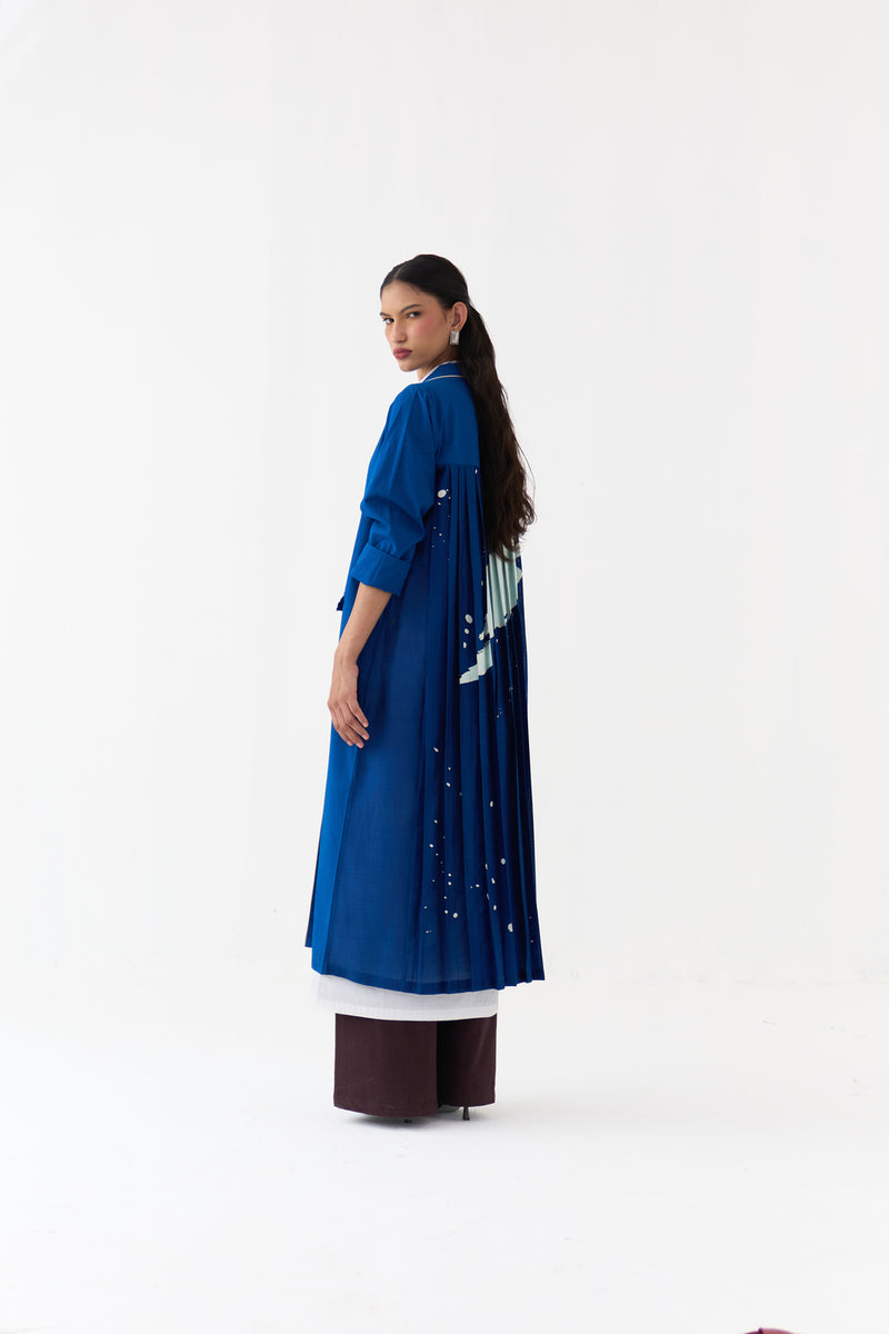 Splash Print Back Pleat Jacket-Cobalt Blue poplin, chanderi jacket/overlay by THREE in blue for women Worldwide