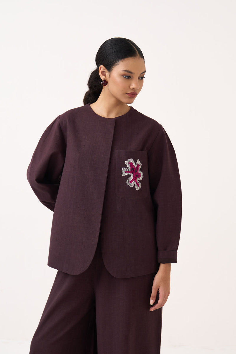 Embroidered Contour Overlay-Dark Brown handwoven cotton jacket/overlay by THREE in brown for women Worldwide
