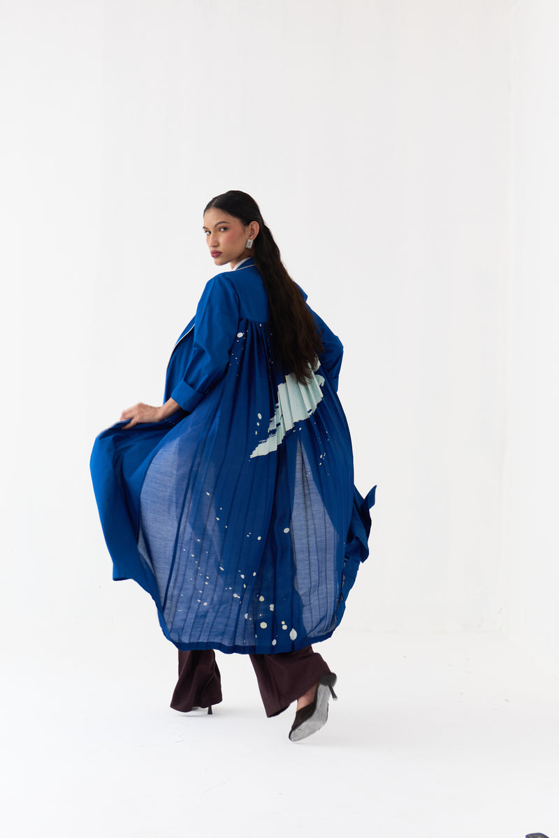 Splash Print Back Pleat Jacket-Cobalt Blue poplin, chanderi jacket/overlay by THREE in blue for women Worldwide