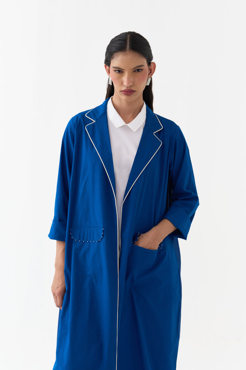Splash Print Back Pleat Jacket-Cobalt Blue poplin, chanderi jacket/overlay by THREE in blue for women Worldwide
