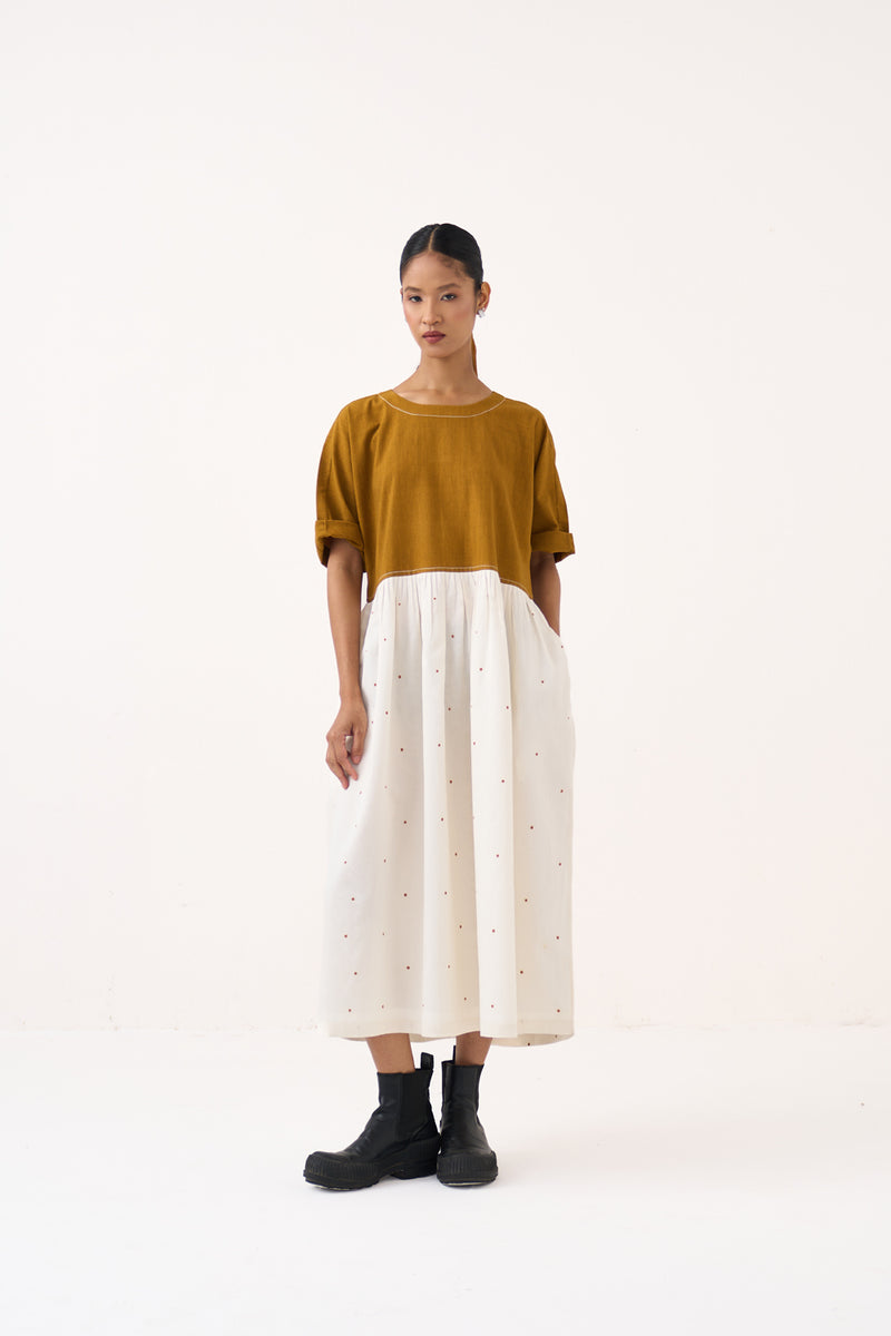 Yoke Gather Polka Dress-Honey Mustard handwoven cotton dress by THREE in honey mustard for women Worldwide