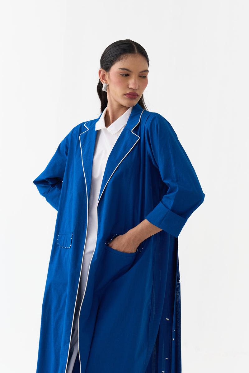 Splash Print Back Pleat Jacket-Cobalt Blue poplin, chanderi jacket/overlay by THREE in blue for women Worldwide