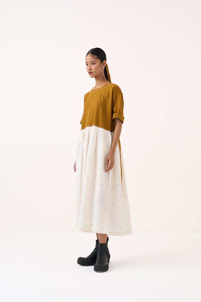 Yoke Gather Polka Dress-Honey Mustard handwoven cotton dress by THREE in honey mustard for women Worldwide