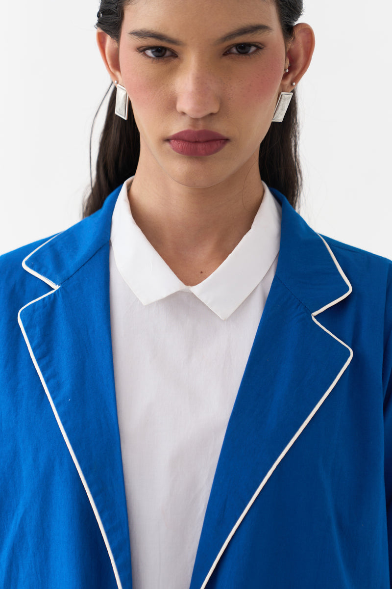Splash Print Back Pleat Jacket-Cobalt Blue poplin, chanderi jacket/overlay by THREE in blue for women Worldwide