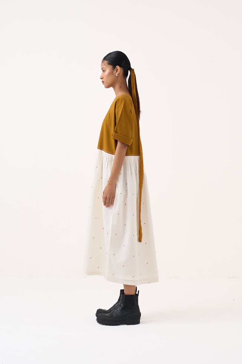 Yoke Gather Polka Dress-Honey Mustard handwoven cotton dress by THREE in honey mustard for women Worldwide