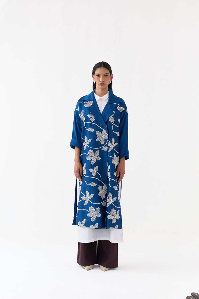Floral All Over Emb. Overlay-Cobalt Blue chanderi jacket/overlay by THREE in blue for women Worldwide
