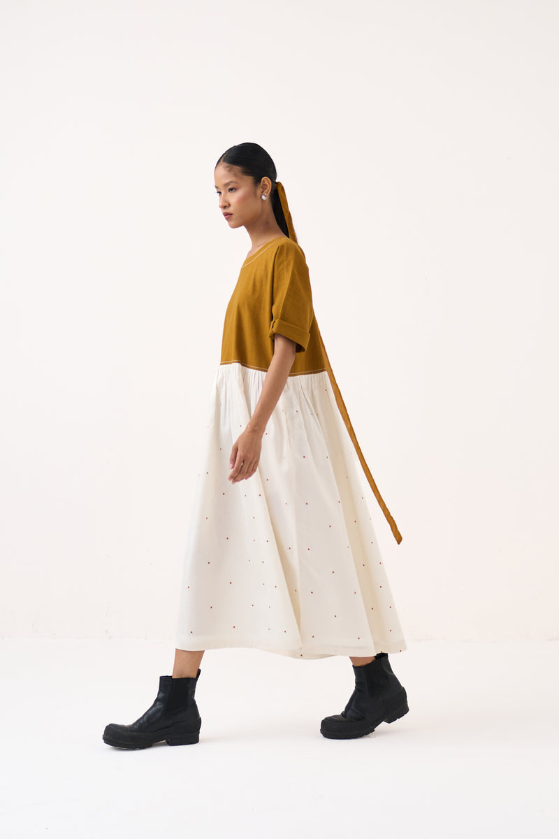 Yoke Gather Polka Dress-Honey Mustard handwoven cotton dress by THREE in honey mustard for women Worldwide