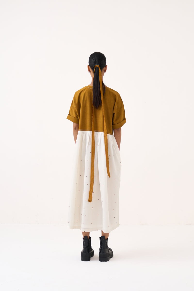 Yoke Gather Polka Dress-Honey Mustard handwoven cotton dress by THREE in honey mustard for women Worldwide