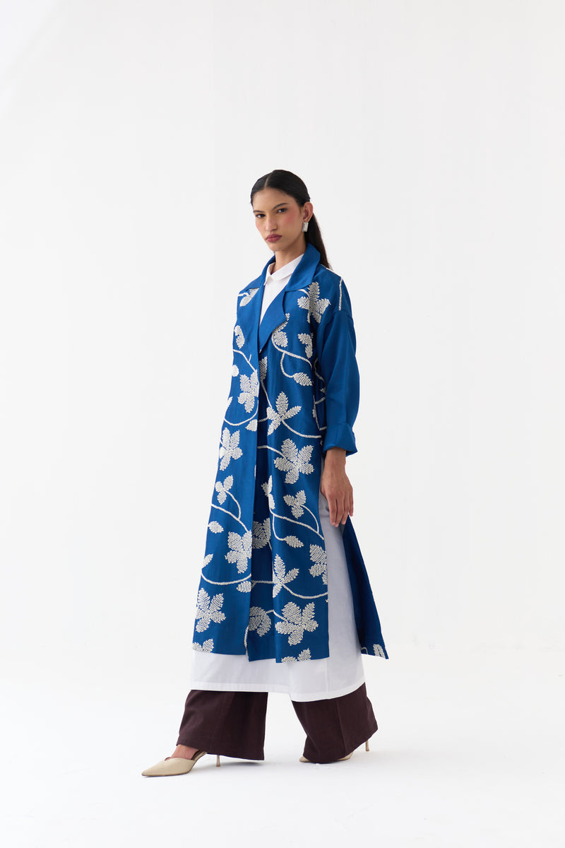 Floral All Over Emb. Overlay-Cobalt Blue chanderi jacket/overlay by THREE in blue for women Worldwide
