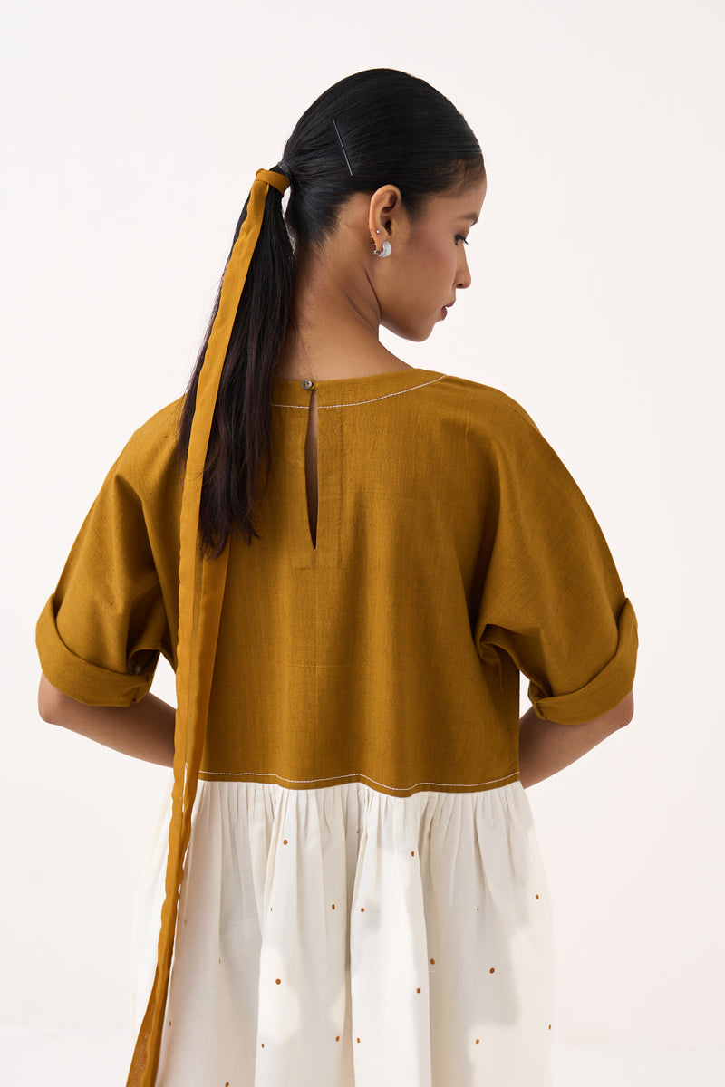 Yoke Gather Polka Dress-Honey Mustard handwoven cotton dress by THREE in honey mustard for women Worldwide
