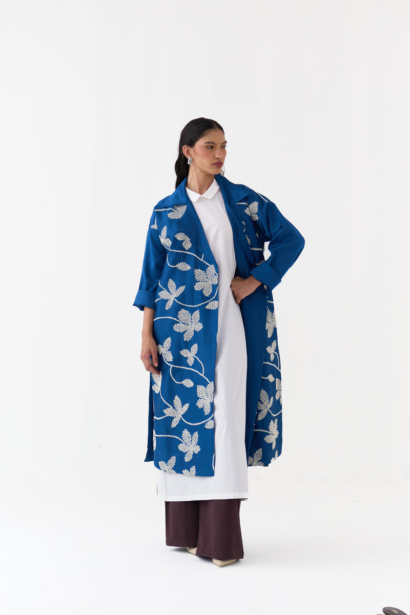 Floral All Over Emb. Overlay-Cobalt Blue chanderi jacket/overlay by THREE in blue for women Worldwide