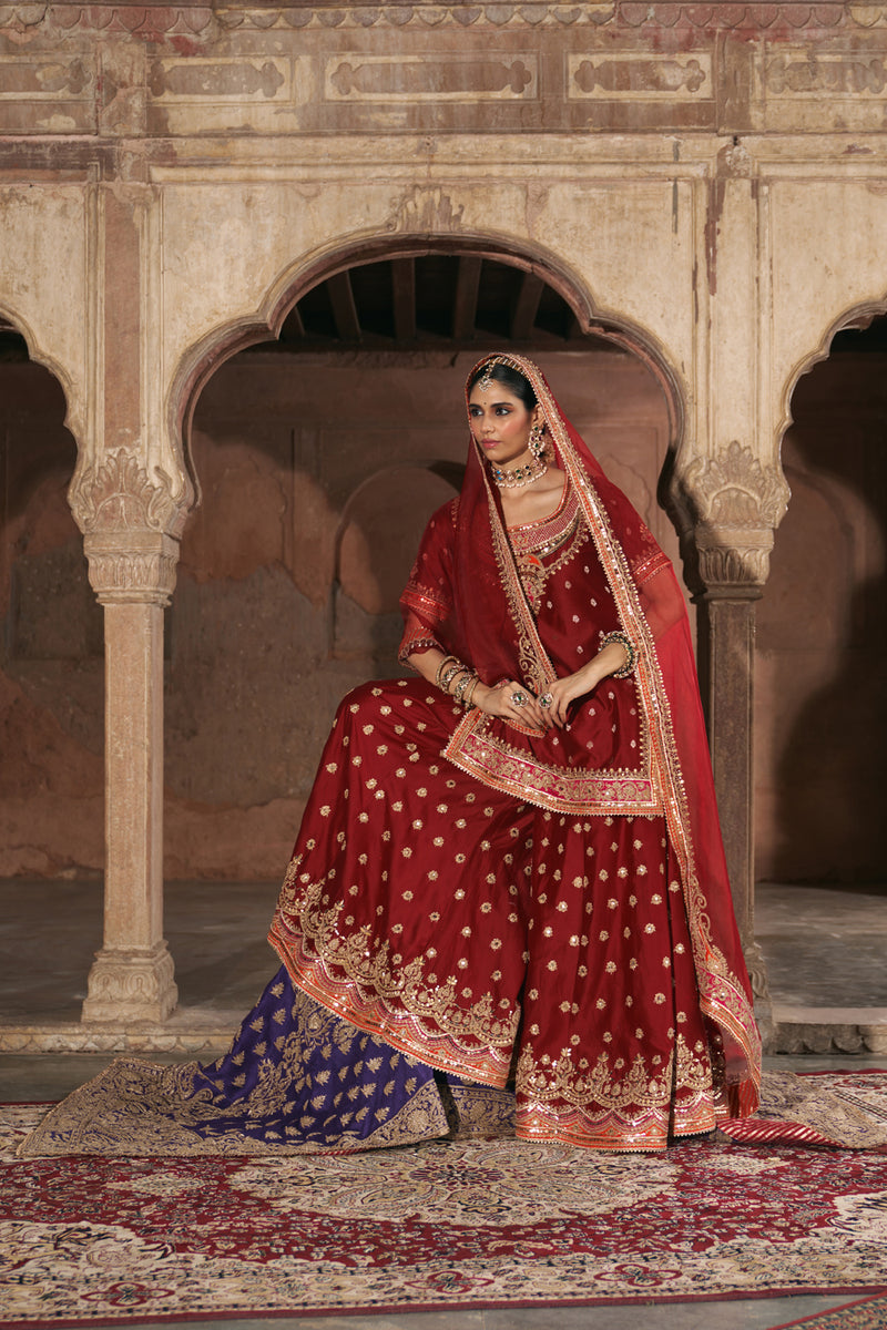 SAMREEN - DEEP RED SHORT KURTA WITH SHARARA AND DUPATTA silk chanderi kurta/kurta set by SHEETAL BATRA in red for women Worldwide