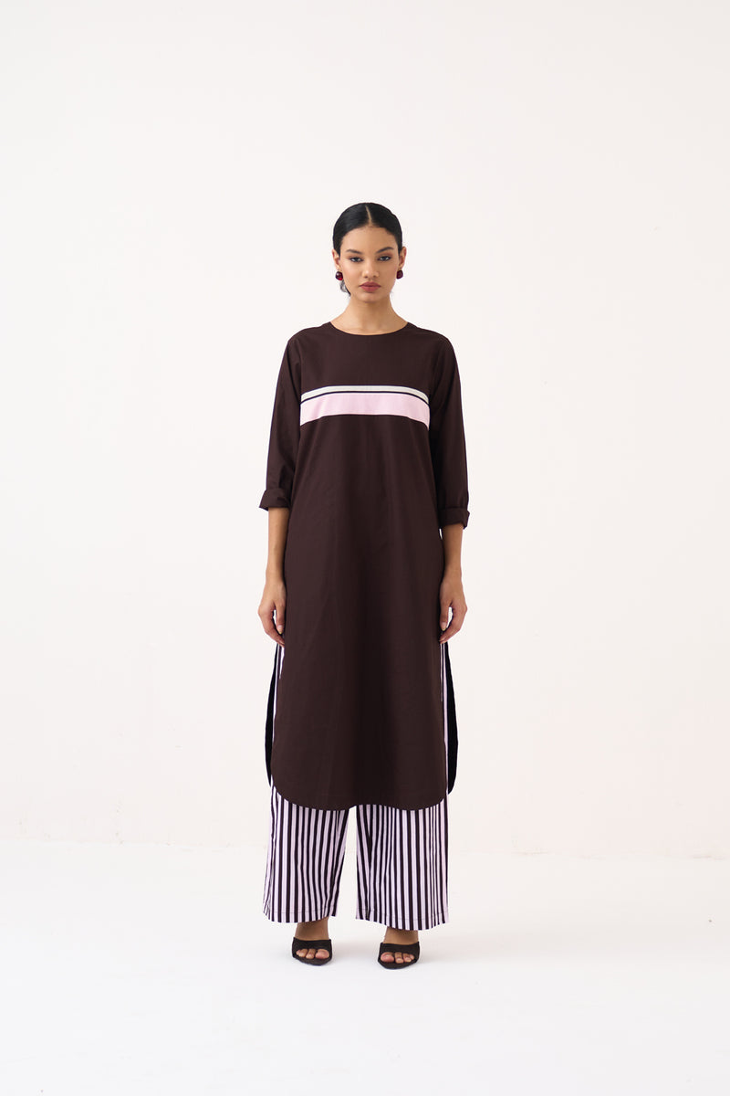 Long Jumper Co-Ord-Cocoa Brown & Petal Pink 100% cotton poplin co-ord set by THREE in dark brown for women Worldwide