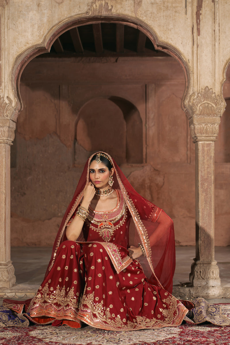 SAMREEN - DEEP RED SHORT KURTA WITH SHARARA AND DUPATTA silk chanderi kurta/kurta set by SHEETAL BATRA in red for women Worldwide