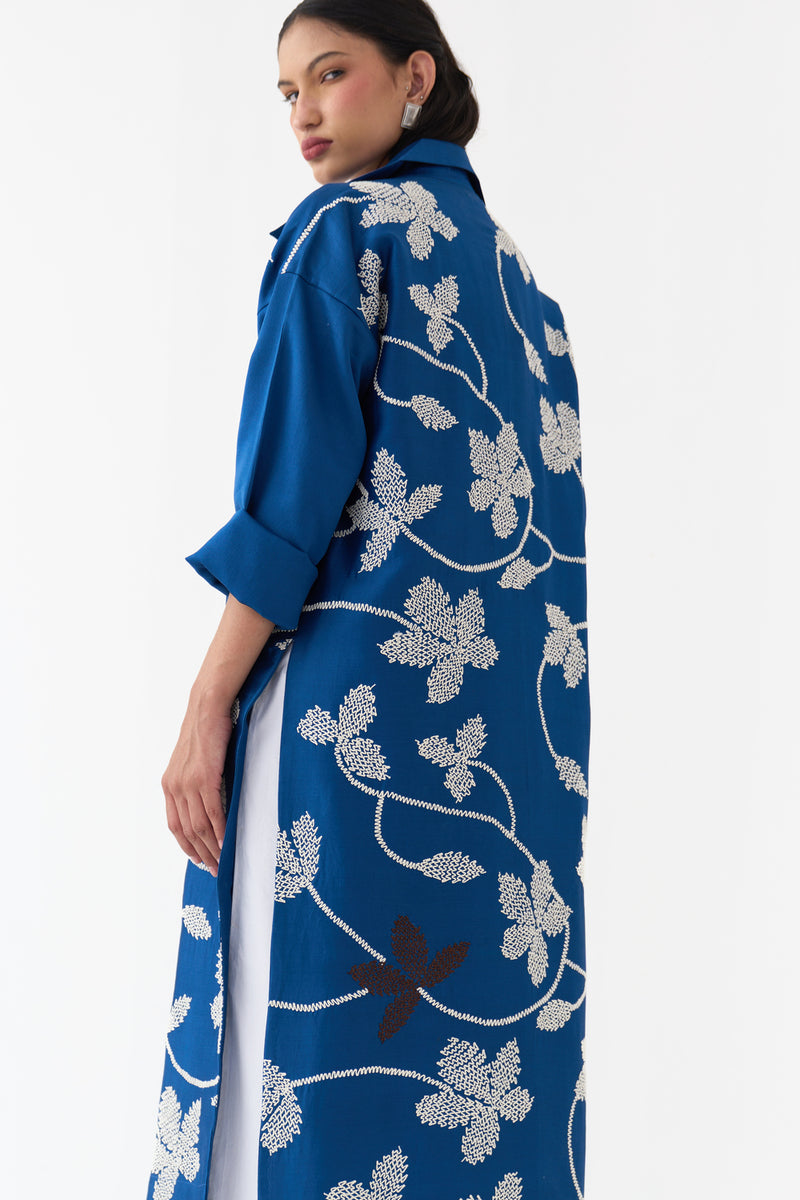 Floral All Over Emb. Overlay-Cobalt Blue chanderi jacket/overlay by THREE in blue for women Worldwide