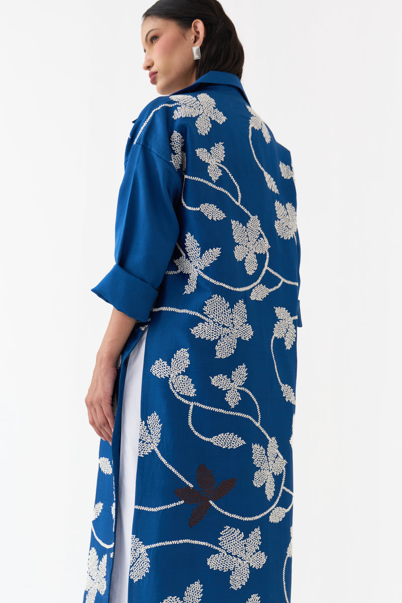 Floral All Over Emb. Overlay Co-Ord-Cobalt Blue chanderi, poplin co-ord set by THREE in blue for women Worldwide