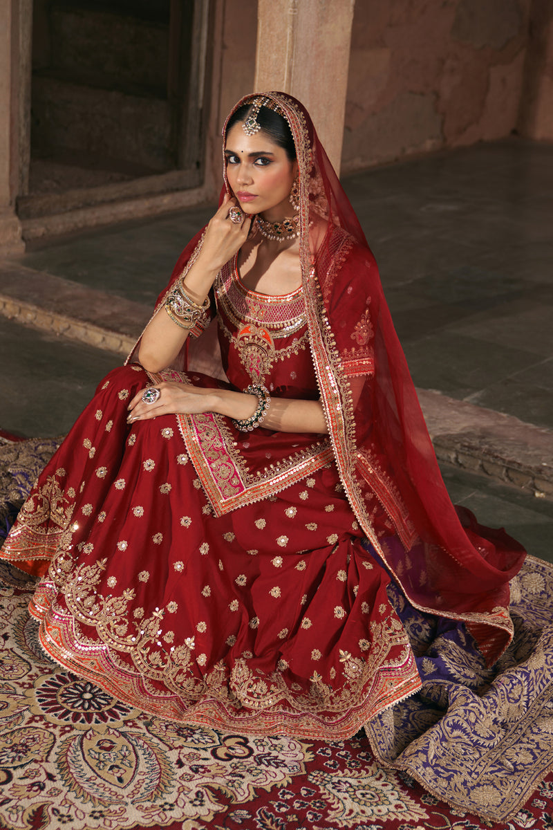 SAMREEN - DEEP RED SHORT KURTA WITH SHARARA AND DUPATTA silk chanderi kurta/kurta set by SHEETAL BATRA in red for women Worldwide