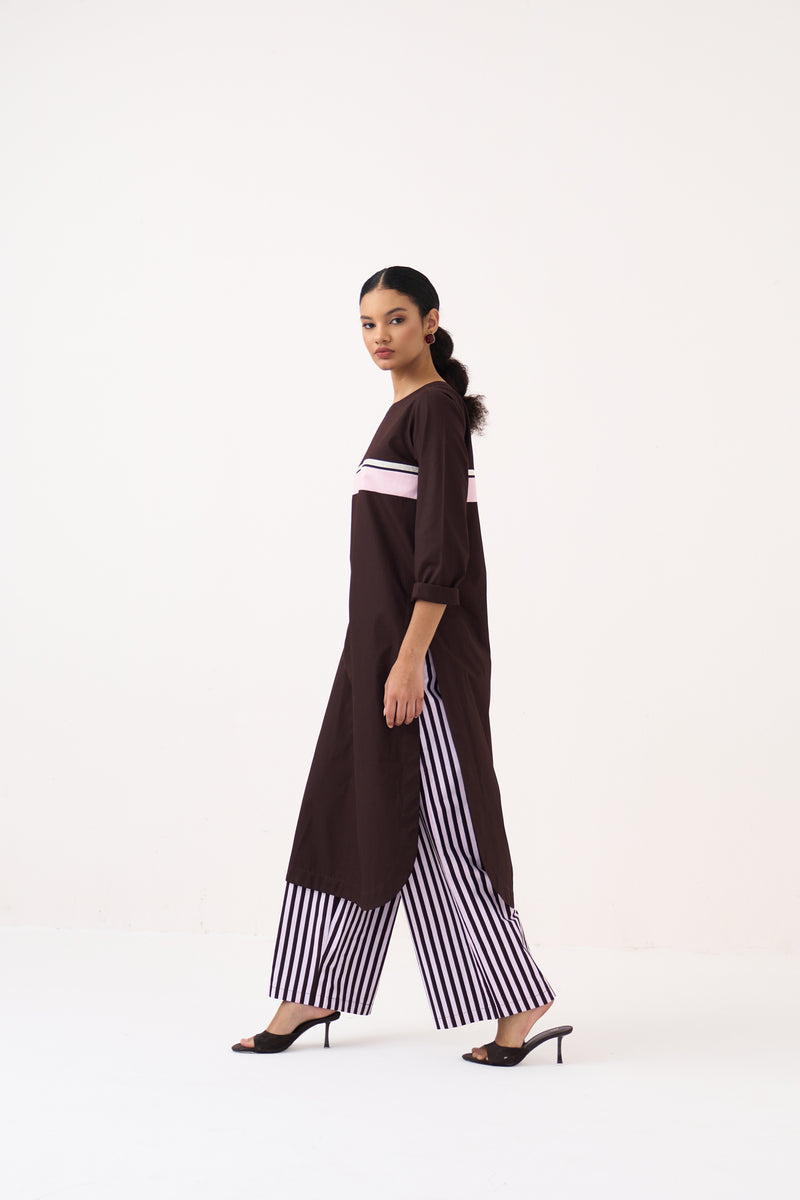 Long Jumper Co-Ord-Cocoa Brown & Petal Pink 100% cotton poplin co-ord set by THREE in dark brown for women Worldwide