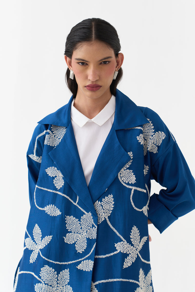 Floral All Over Emb. Overlay-Cobalt Blue chanderi jacket/overlay by THREE in blue for women Worldwide