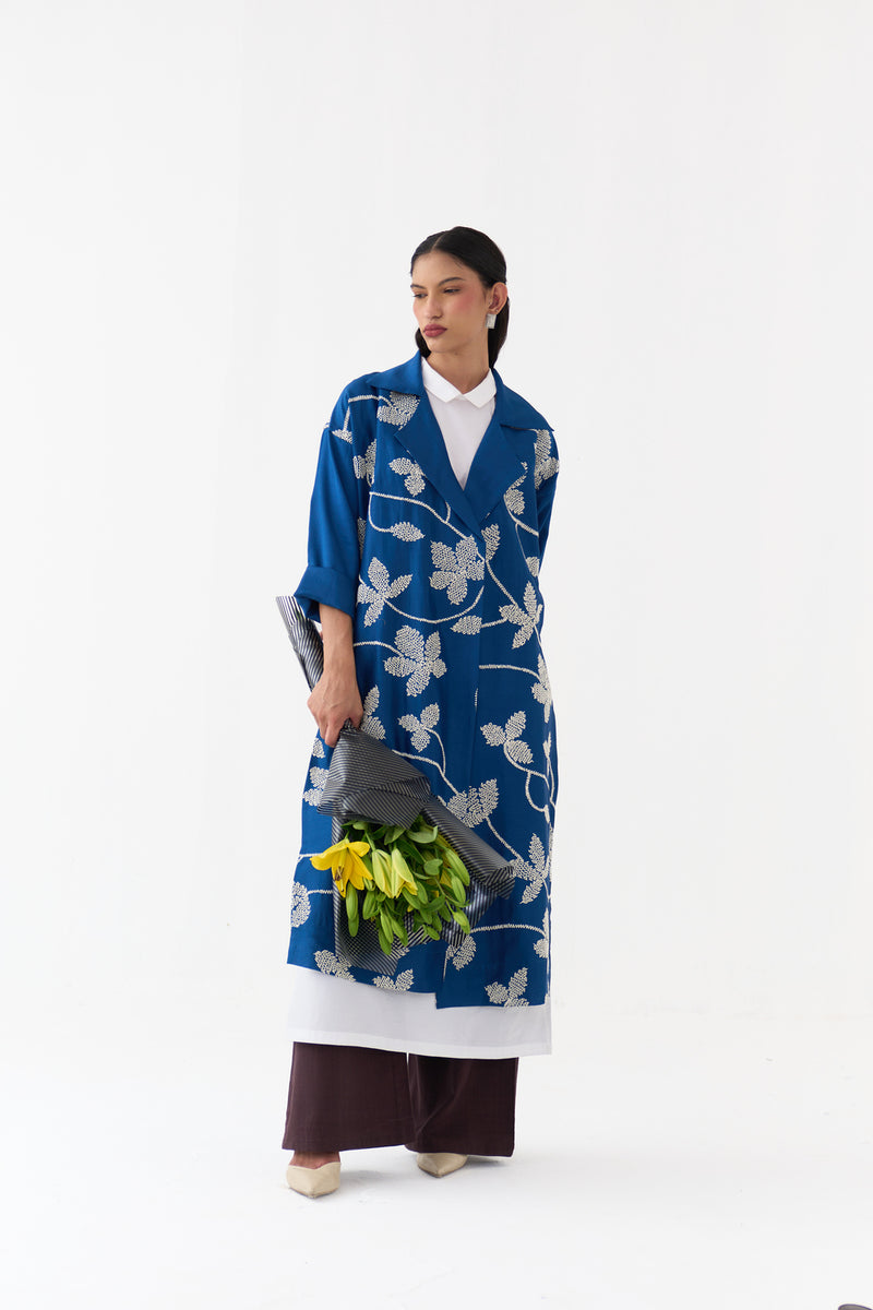 Floral All Over Emb. Overlay-Cobalt Blue chanderi jacket/overlay by THREE in blue for women Worldwide