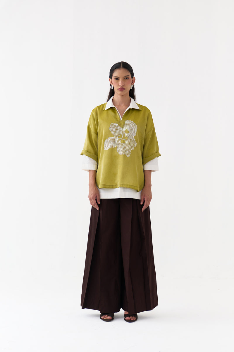 Emb. V Neck Top Co-Ord (Set Of 3)-Electric Lime tissue, poplin co-ord set by THREE in yellow for women Worldwide