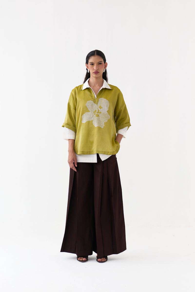 Emb. V Neck Top (Set Of 2)-Electric Lime metallic tissue top/shirt by THREE in yellow for women Worldwide