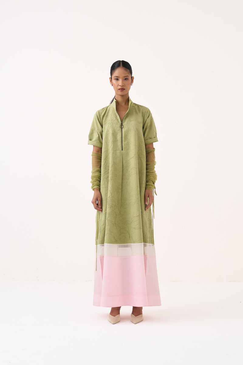 Turtle Neck Dress-Soft Moss crushed mul dress by THREE in soft moss for women Worldwide