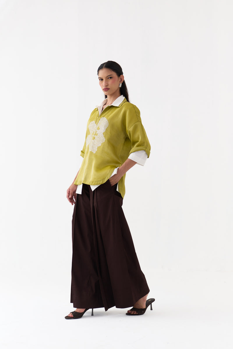 Emb. V Neck Top Co-Ord (Set Of 3)-Electric Lime tissue, poplin co-ord set by THREE in yellow for women Worldwide