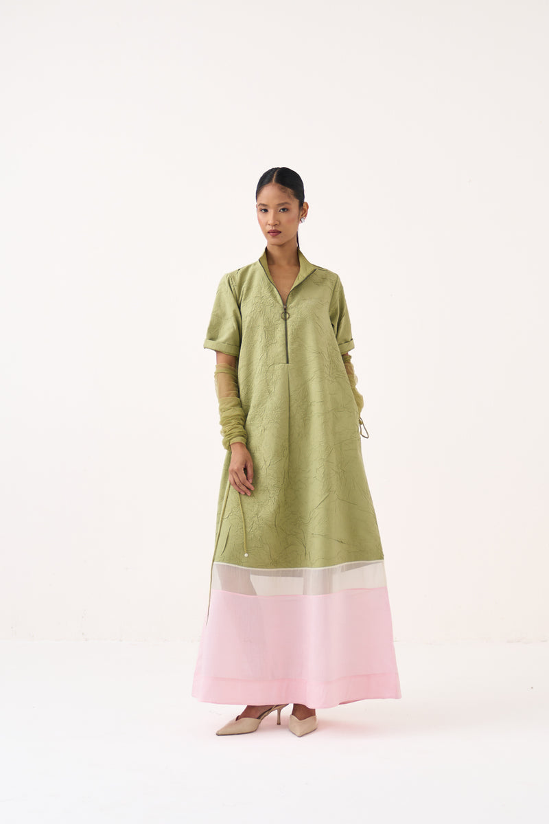 Turtle Neck Dress-Soft Moss crushed mul dress by THREE in soft moss for women Worldwide