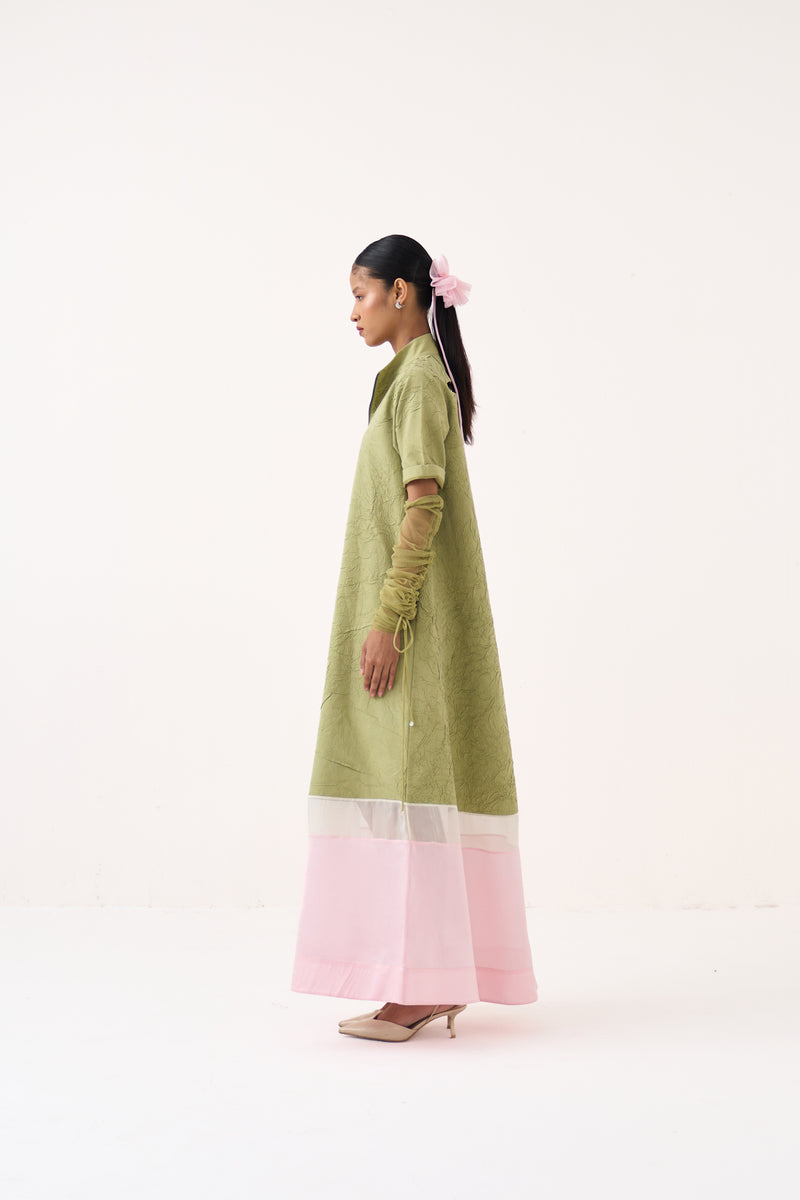 Turtle Neck Dress-Soft Moss crushed mul dress by THREE in soft moss for women Worldwide
