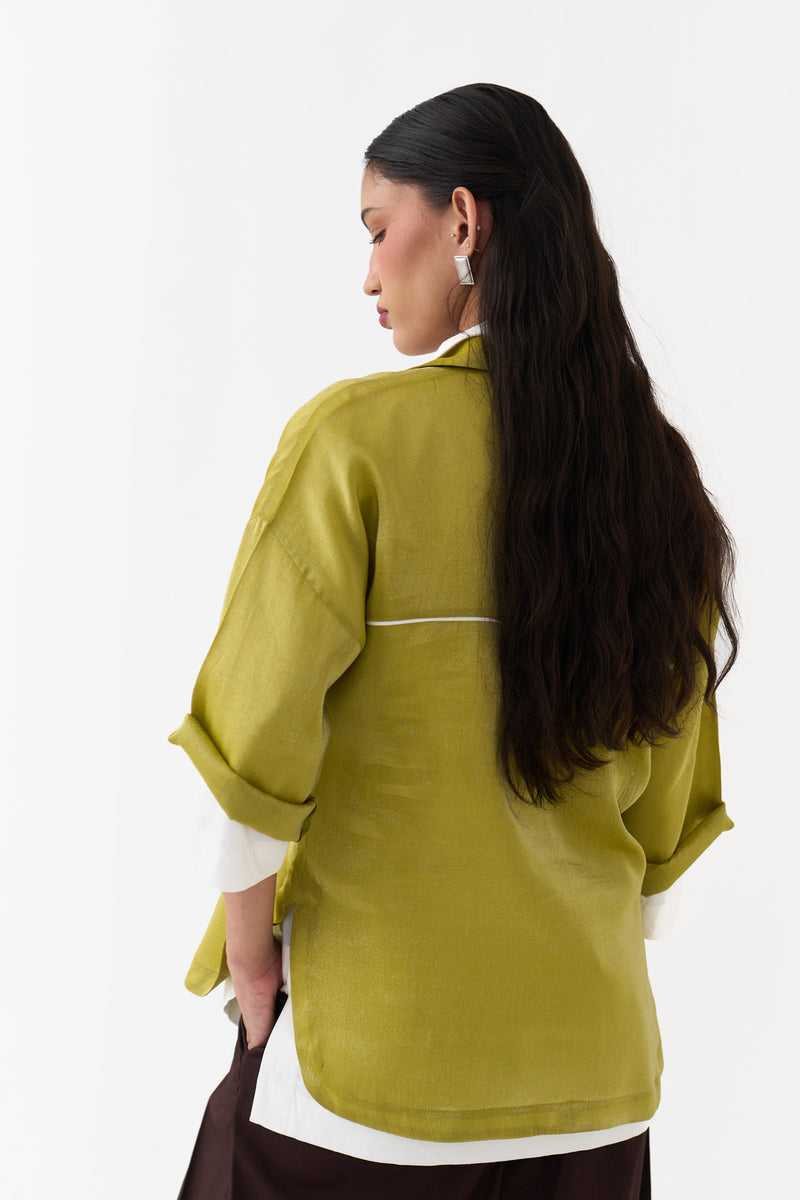 Emb. V Neck Top (Set Of 2)-Electric Lime metallic tissue top/shirt by THREE in yellow for women Worldwide