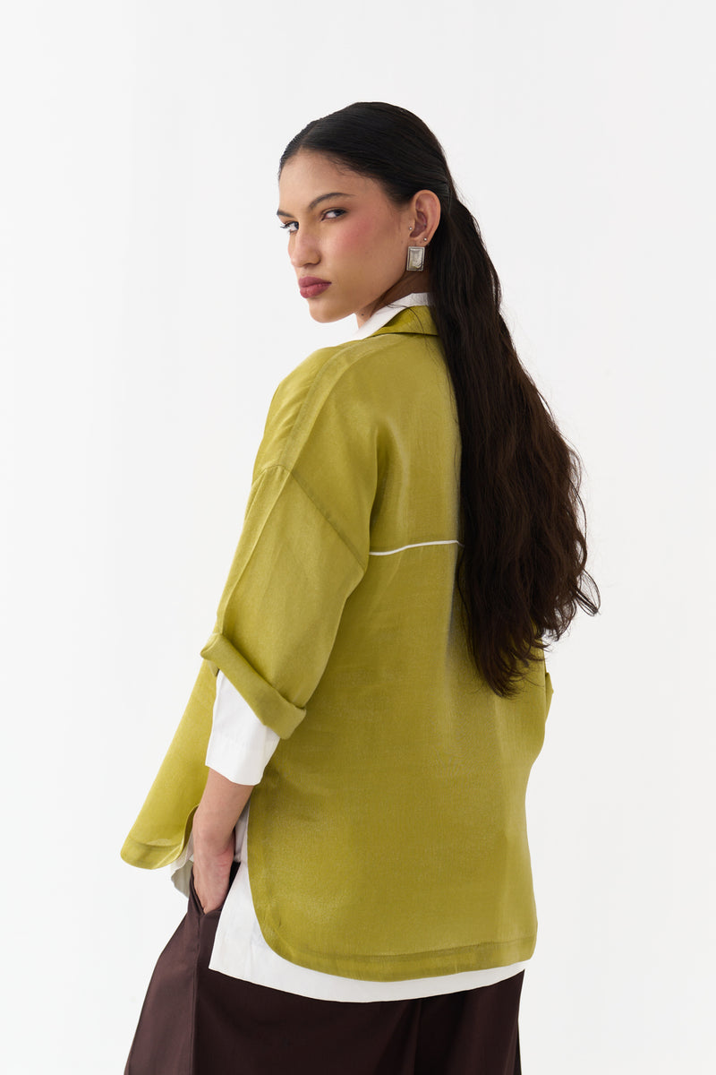 Emb. V Neck Top Co-Ord (Set Of 3)-Electric Lime tissue, poplin co-ord set by THREE in yellow for women Worldwide