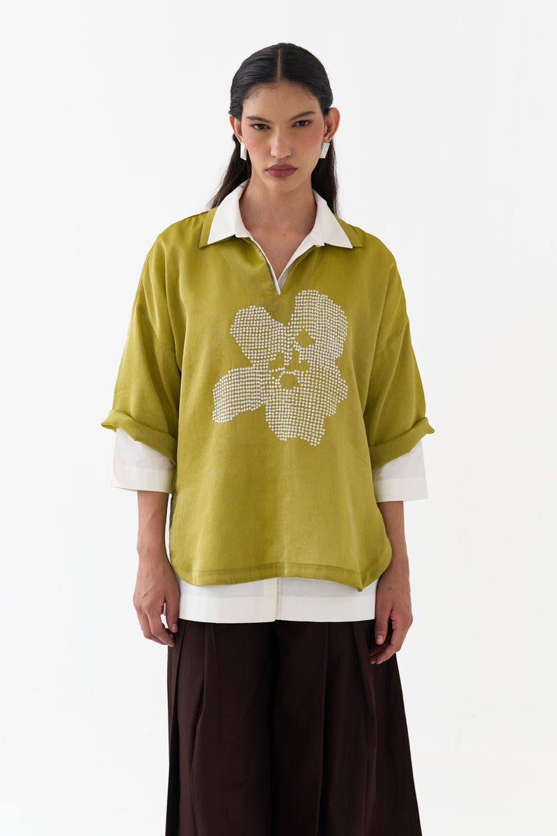 Emb. V Neck Top (Set Of 2)-Electric Lime metallic tissue top/shirt by THREE in yellow for women Worldwide