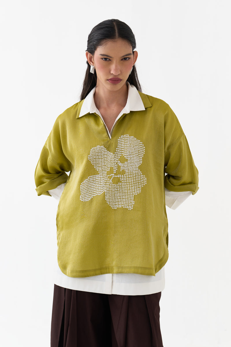 Emb. V Neck Top (Set Of 2)-Electric Lime metallic tissue top/shirt by THREE in yellow for women Worldwide