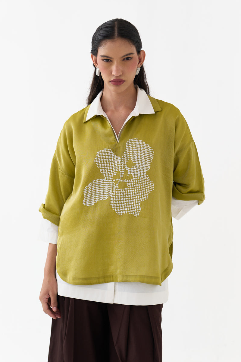 Emb. V Neck Top (Set Of 2)-Electric Lime metallic tissue top/shirt by THREE in yellow for women Worldwide