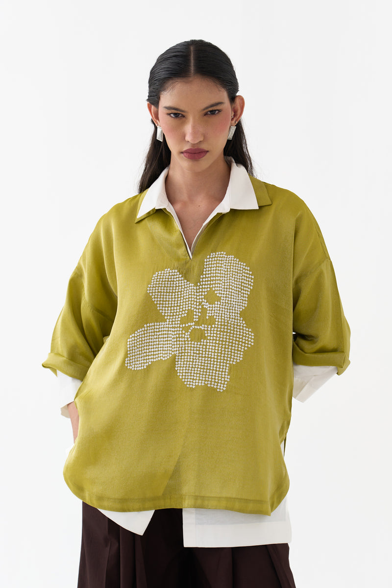 Emb. V Neck Top Co-Ord (Set Of 3)-Electric Lime tissue, poplin co-ord set by THREE in yellow for women Worldwide