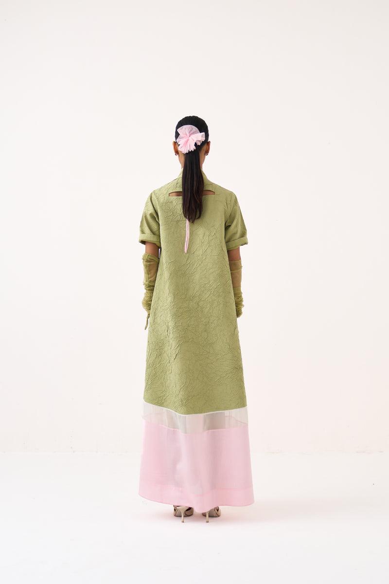 Turtle Neck Dress-Soft Moss crushed mul dress by THREE in soft moss for women Worldwide