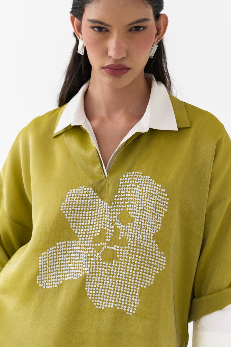 Emb. V Neck Top (Set Of 2)-Electric Lime metallic tissue top/shirt by THREE in yellow for women Worldwide