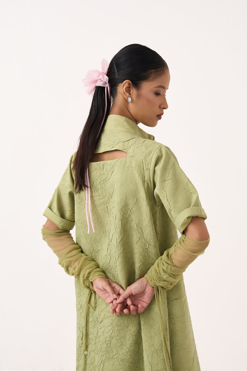 Turtle Neck Dress-Soft Moss crushed mul dress by THREE in soft moss for women Worldwide
