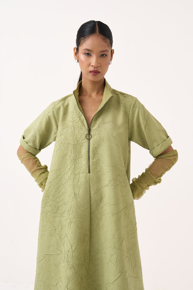 Turtle Neck Dress-Soft Moss crushed mul dress by THREE in soft moss for women Worldwide
