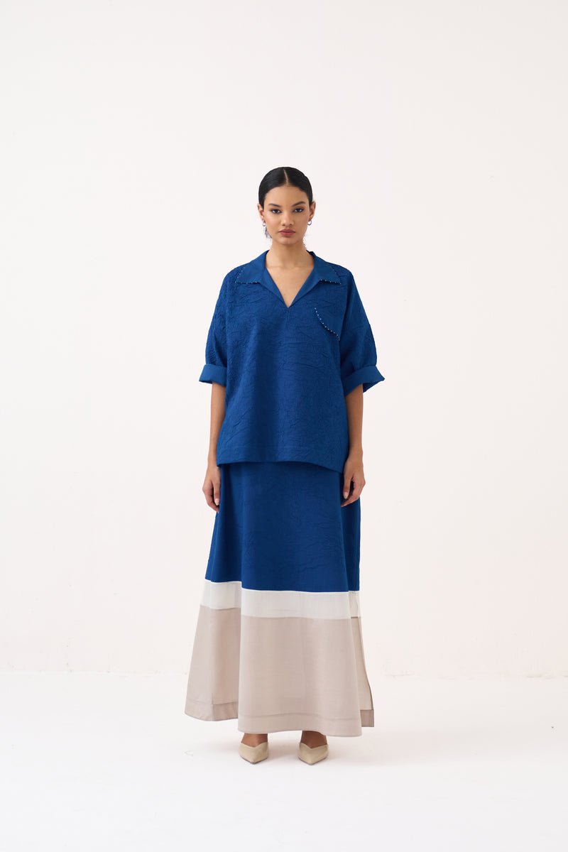 Panelled Skirt Co-Ord-Cobalt Blue textured handwoven mul co-ord set by THREE in blue for women Worldwide
