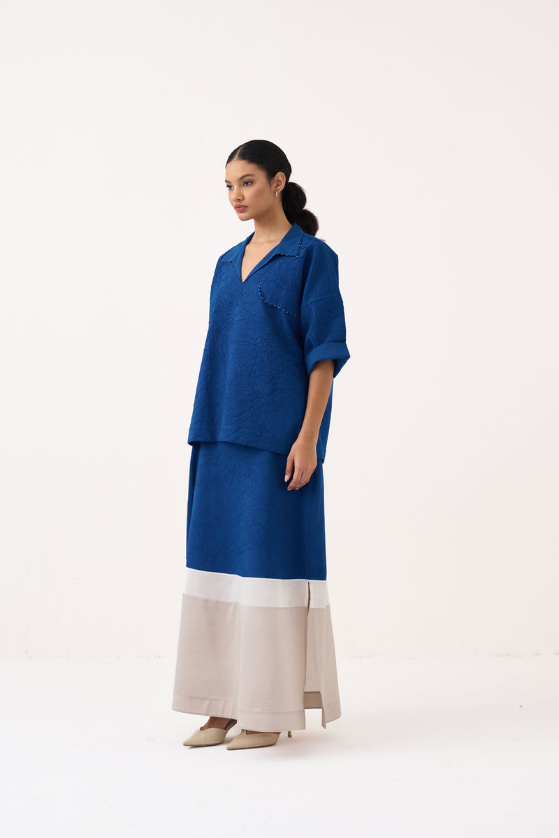 Panelled Skirt Co-Ord-Cobalt Blue textured handwoven mul co-ord set by THREE in blue for women Worldwide
