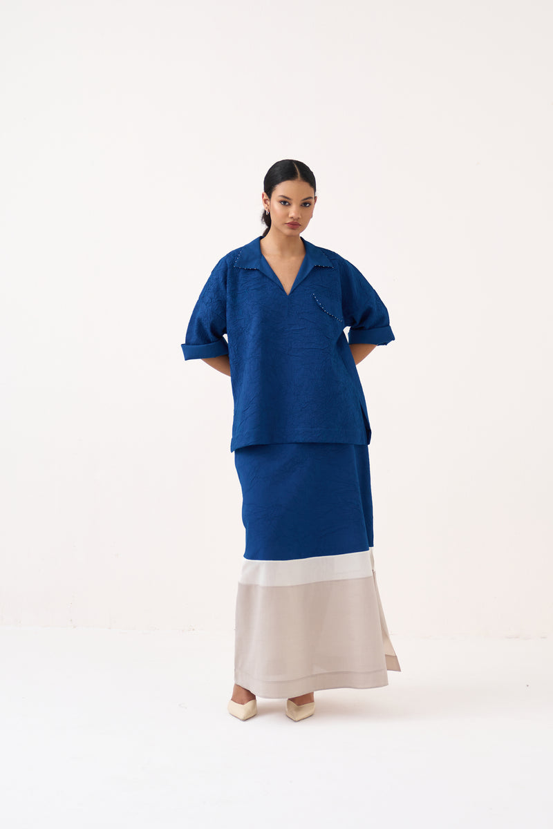 Panelled Skirt-Cobalt Blue crush hand woven mul skirt by THREE in blue for women Worldwide
